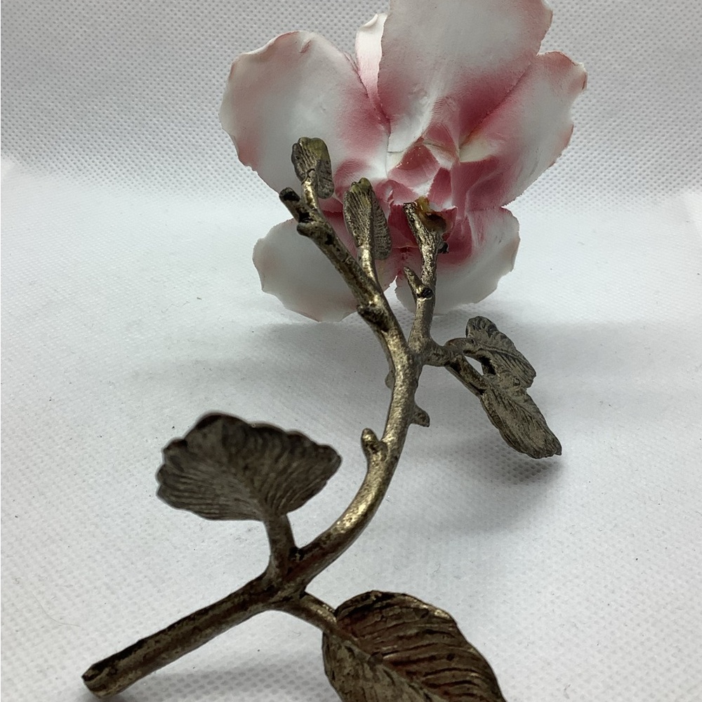 Vintage Capodimonte Ceramic Pink Rose Metal Stem Brass Porcelain 6” - Picture 5 of 7